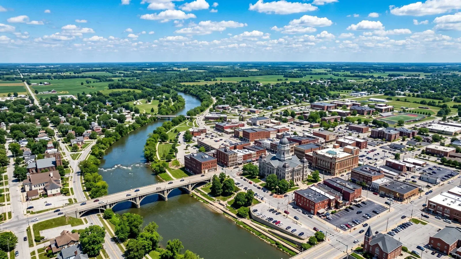 Aerial view of Anderson, Indiana industrial city and Madison County seat along I-69