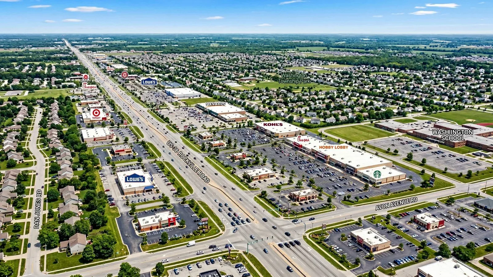 Aerial view of Avon, Indiana suburban commercial district west of Indianapolis