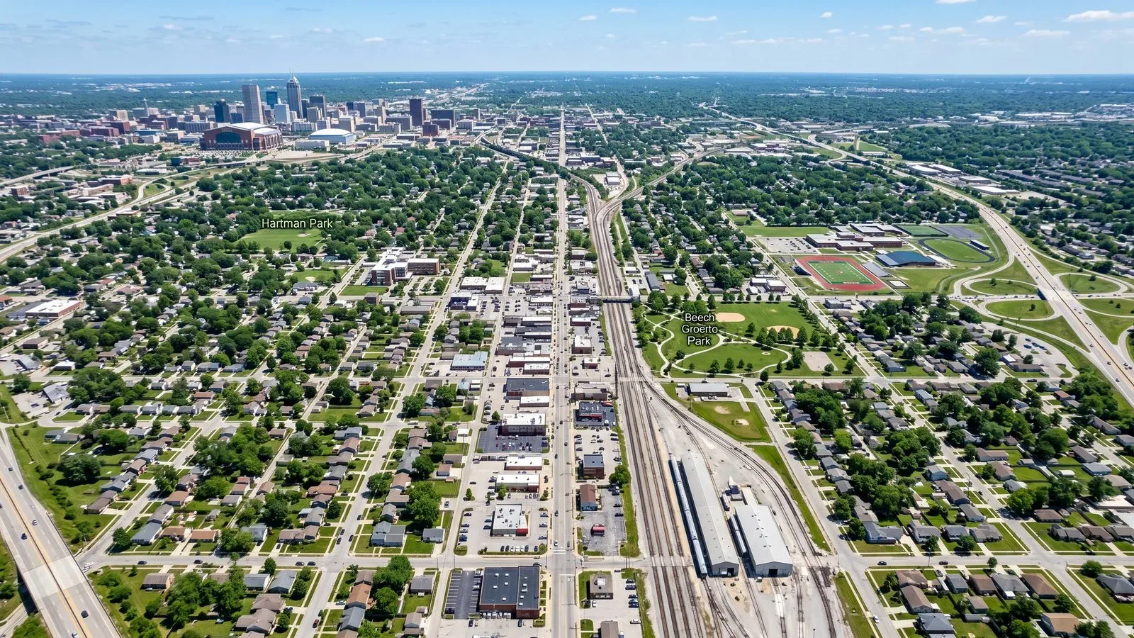 Aerial view of Beech Grove, Indiana south-side industrial community surrounded by Indianapolis