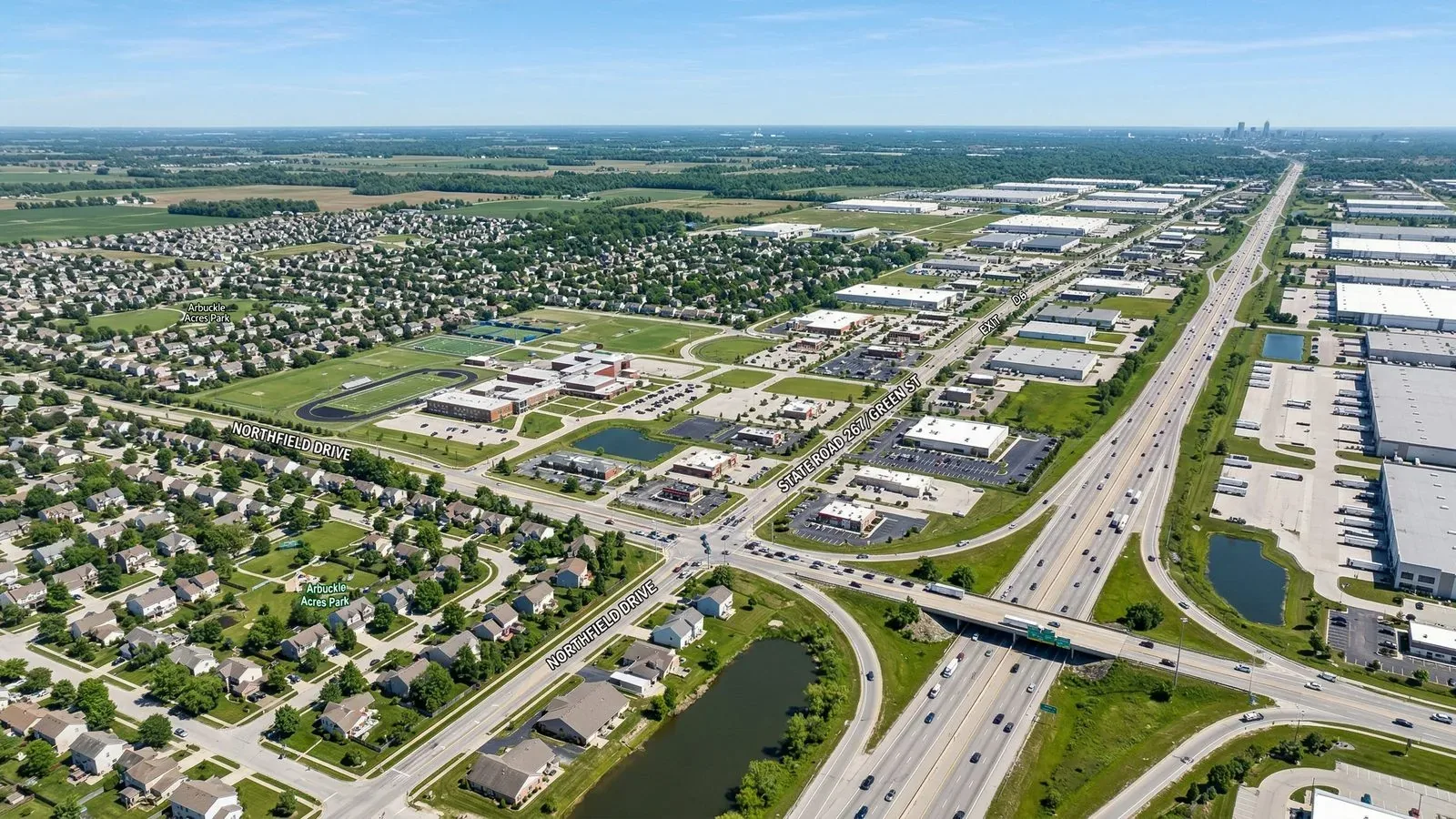 Aerial view of Brownsburg, Indiana commercial district and I-74 corridor