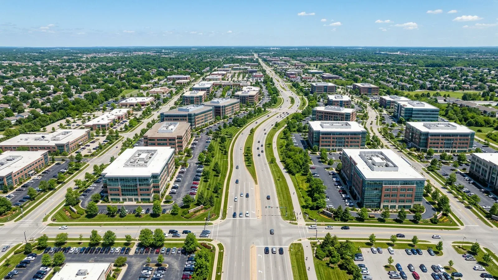 Aerial view of Carmel, Indiana business district and commercial corridor north of Indianapolis