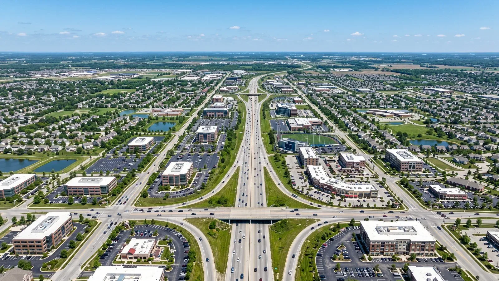 Aerial view of Fishers, Indiana commercial district and I-69 corridor