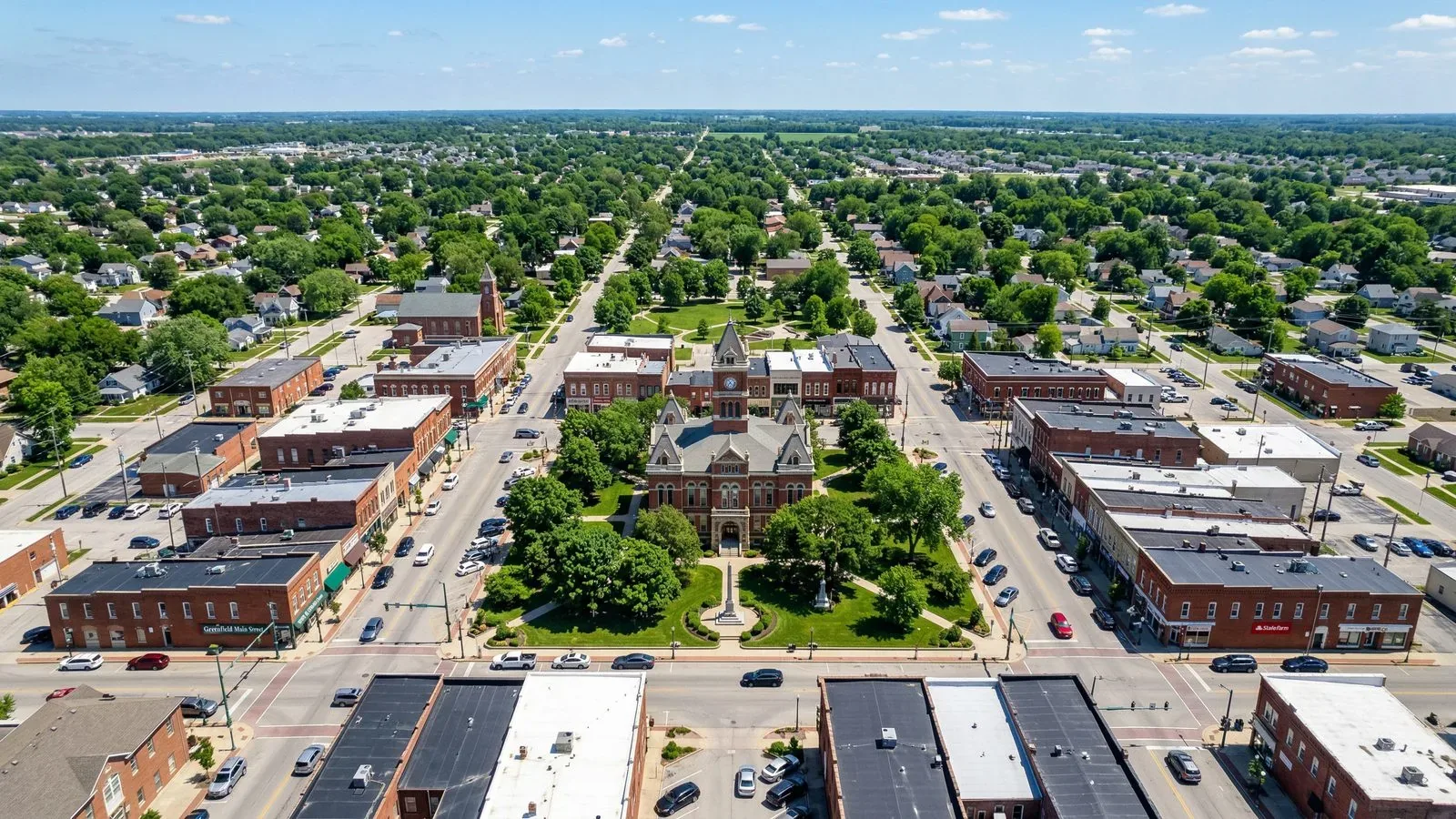 Aerial view of Greenfield, Indiana Hancock County seat along I-70 East