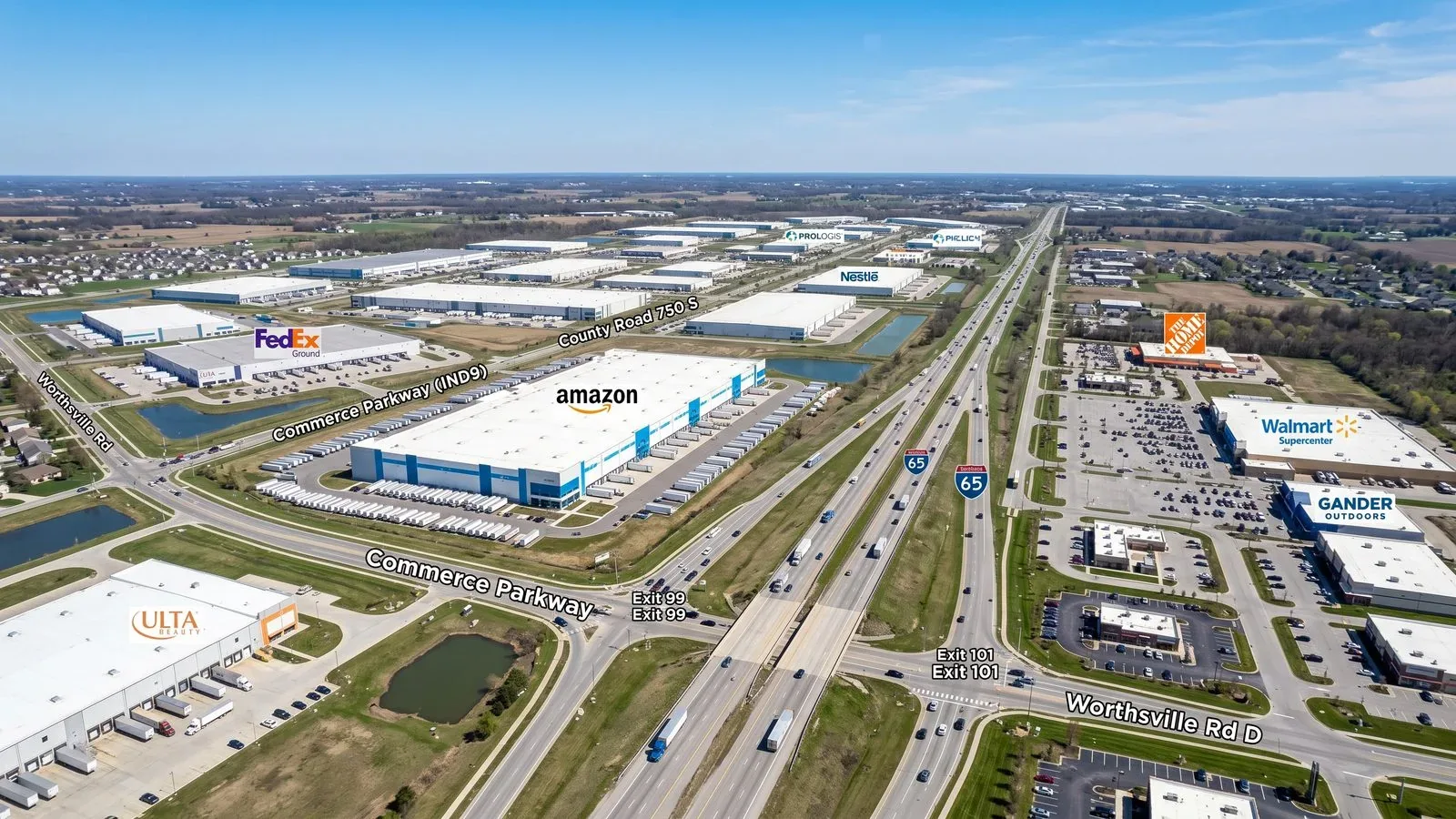 Aerial view of Greenwood, Indiana I-65 South commercial and distribution corridor