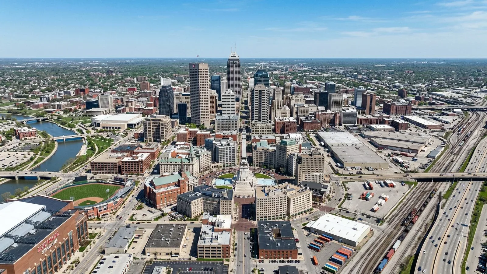 Aerial view of Indianapolis, Indiana skyline with warehouse and distribution corridor