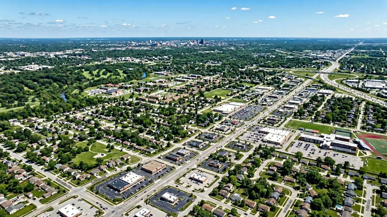 Aerial view of Lawrence, Indiana northeast Indianapolis industrial corridor near Fort Harrison