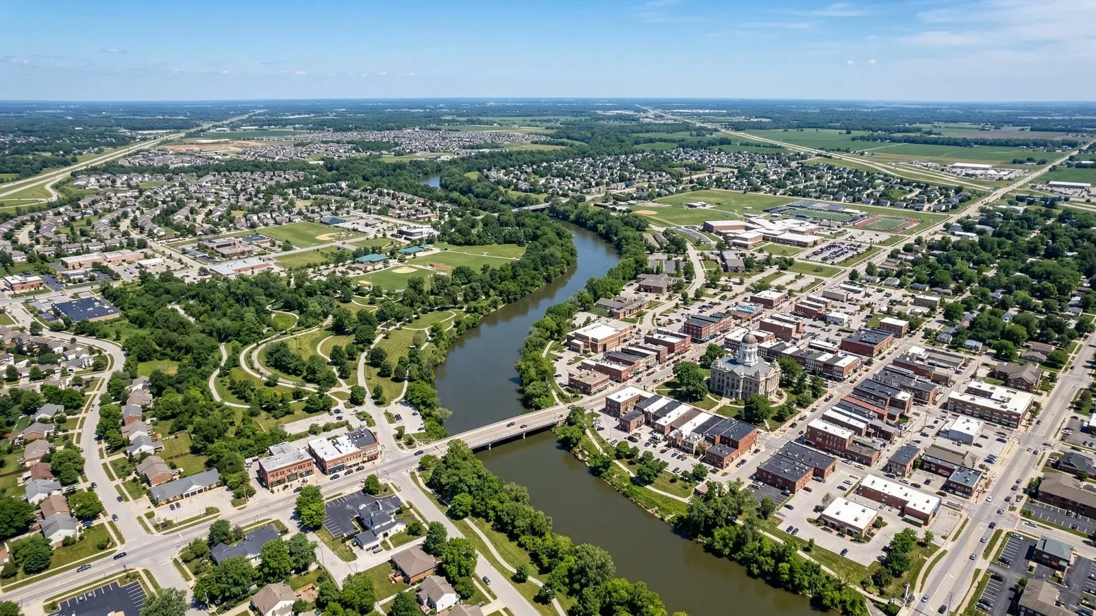 Aerial view of Noblesville, Indiana downtown and Hamilton County seat