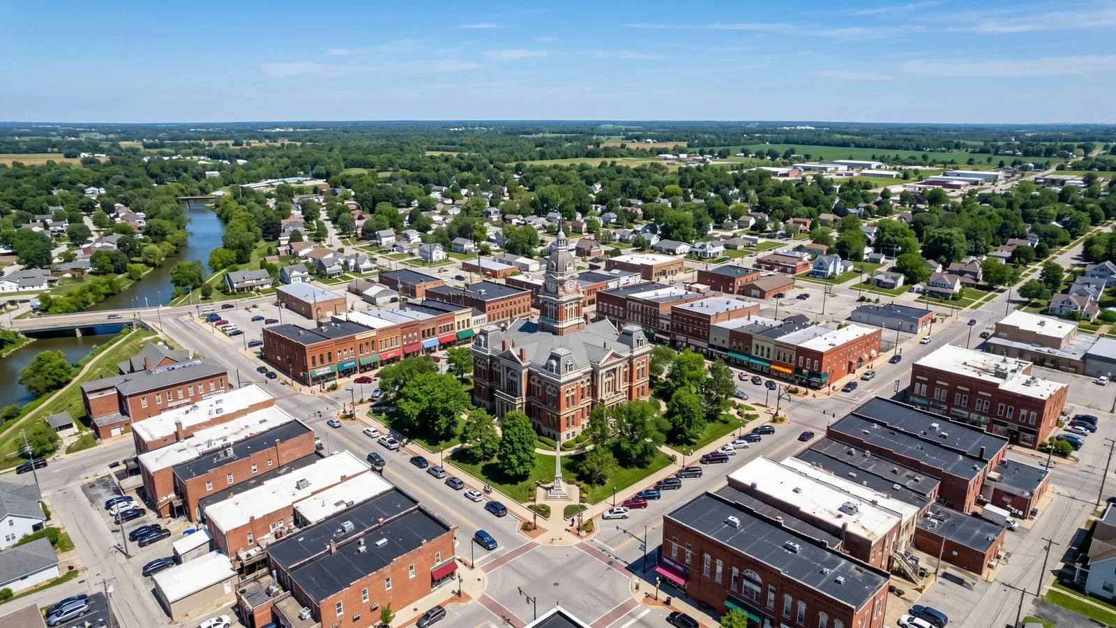 Aerial view of Shelbyville, Indiana industrial community and Shelby County seat along I-74