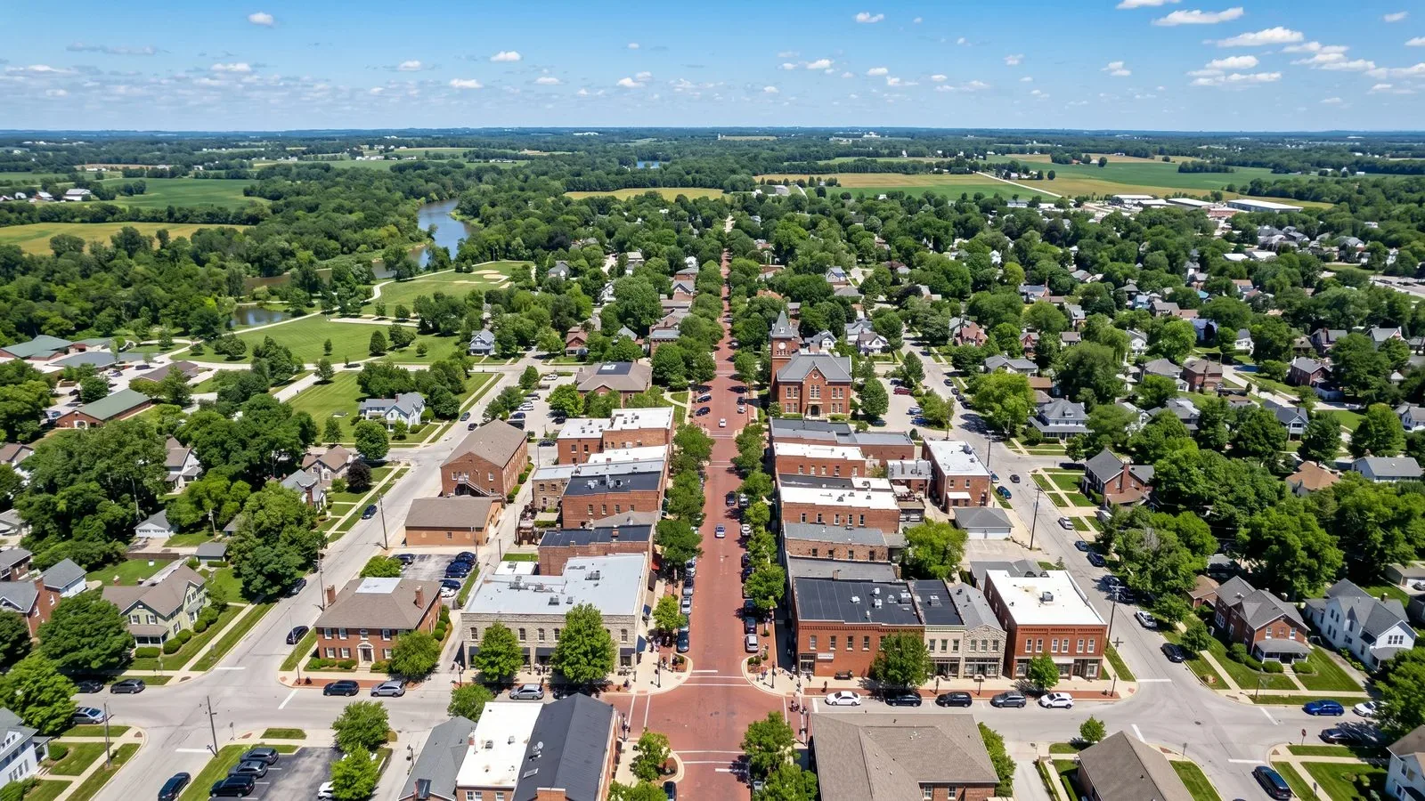 Aerial view of Zionsville, Indiana suburban community and commercial district northwest of Indianapolis