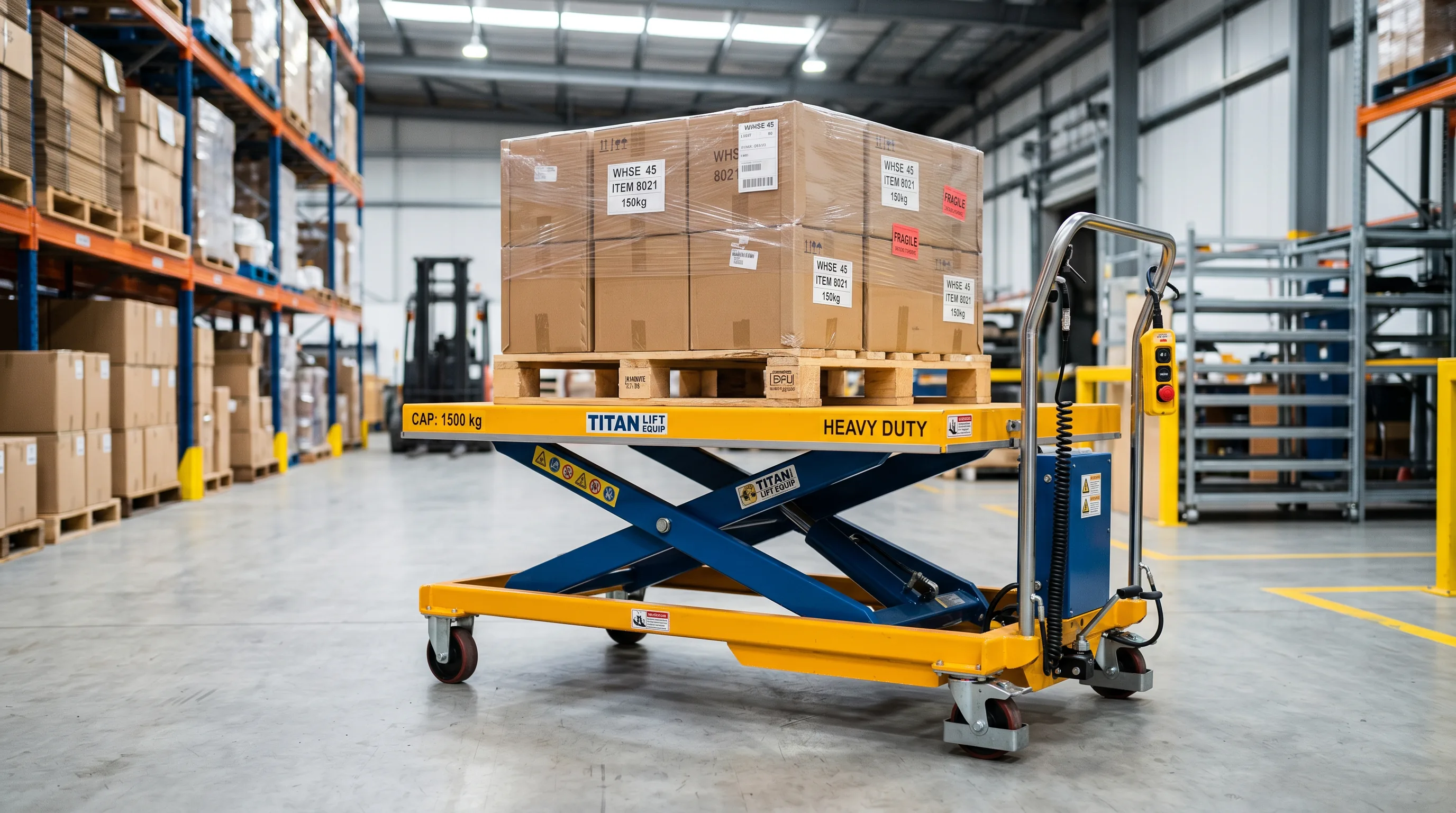 Yellow hydraulic scissor lift table in a Indianapolis area warehouse