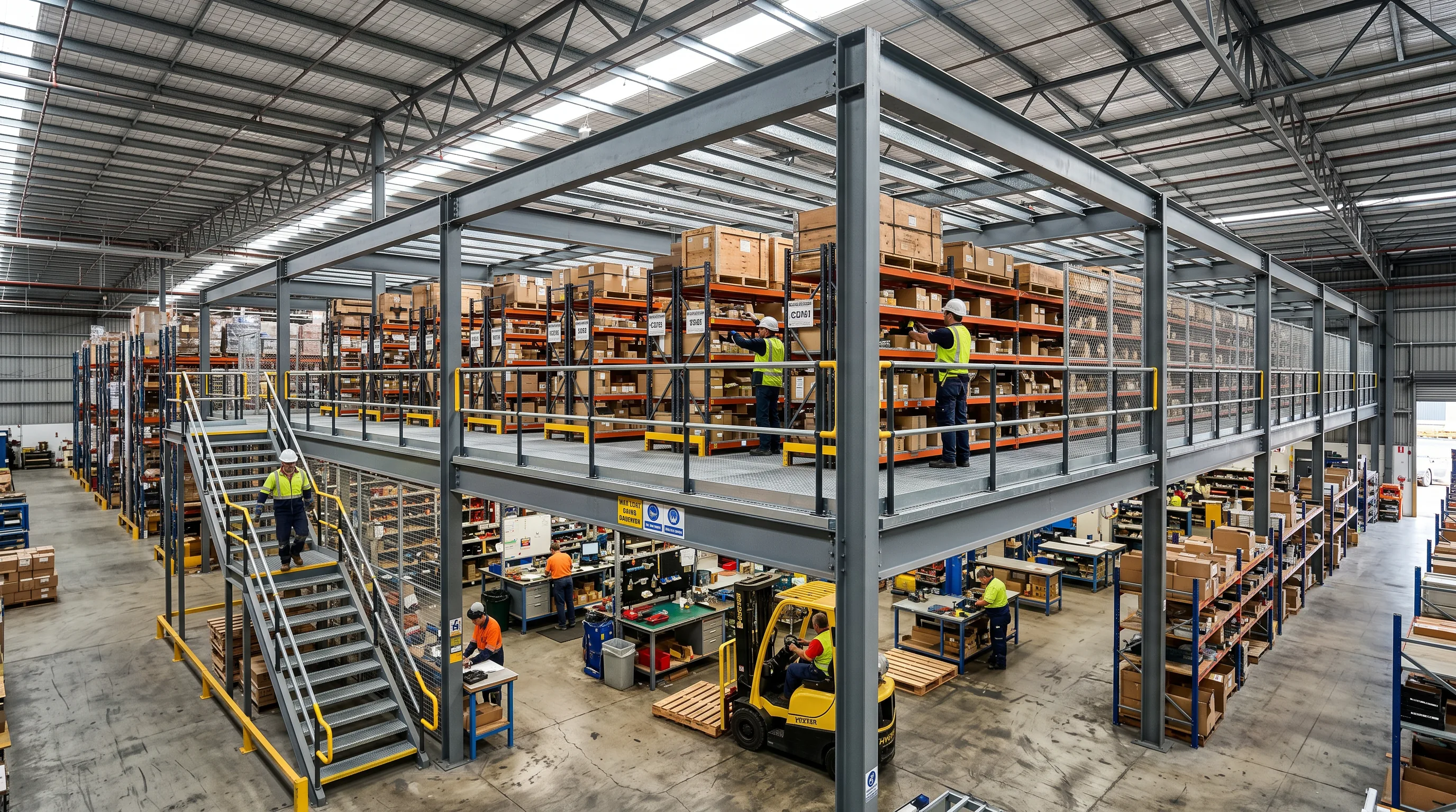 Structural steel mezzanine with yellow safety railings installed in a Indianapolis area warehouse