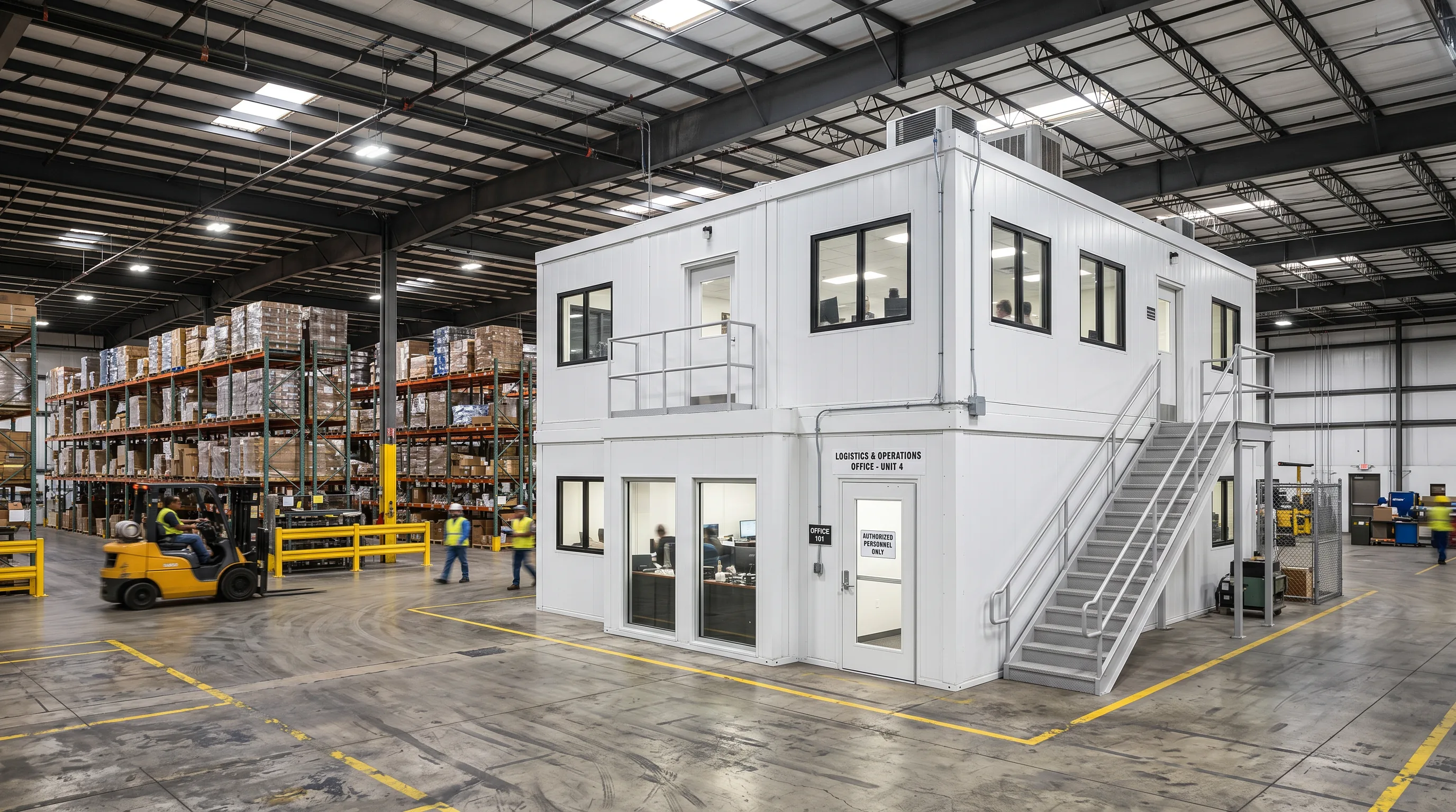 Two-story in-plant modular office with staircase installed inside a Indianapolis area warehouse