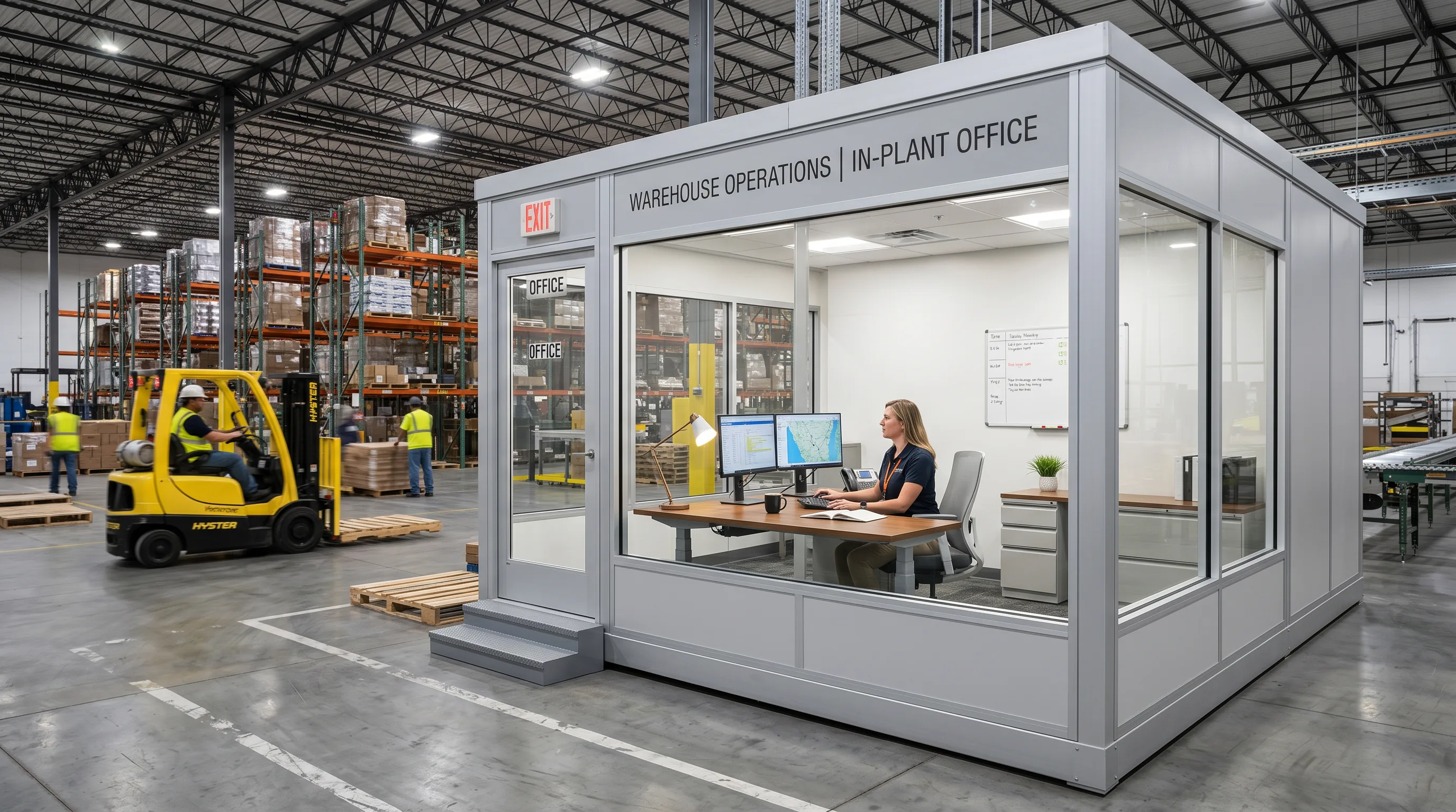 Single-story in-plant modular office with glass walls and door installed inside a Indianapolis area warehouse