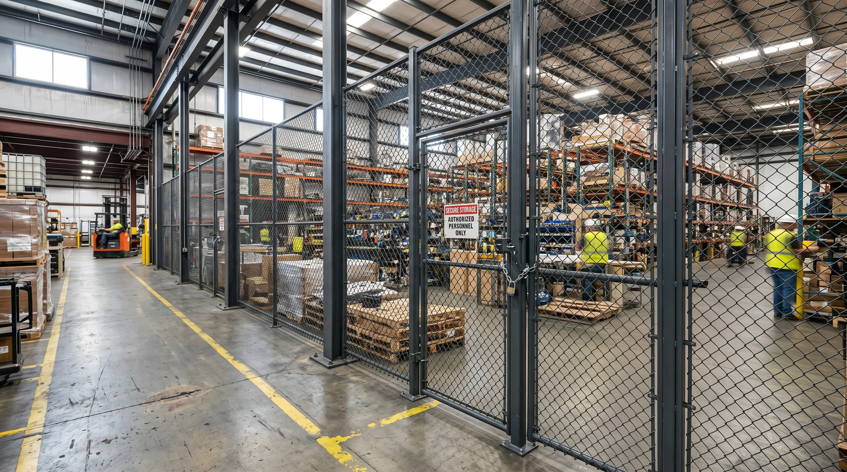 Wire mesh partition system with sliding door installed in a Indianapolis area warehouse