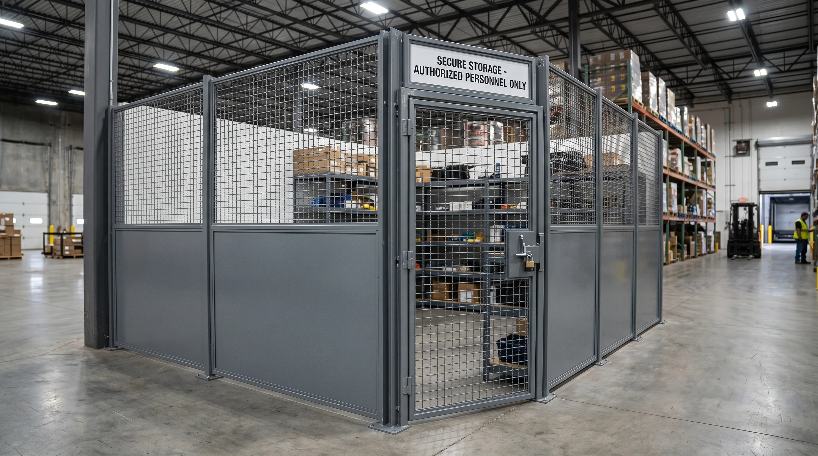 Lockable wire mesh security partition enclosure in a Indianapolis area warehouse