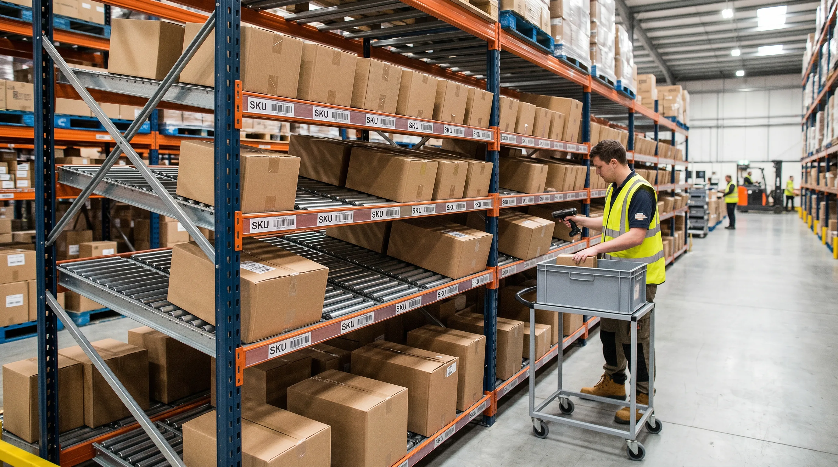 Multi-tier carton flow rack with skate-wheel tracks and warehouse operator picking cases in an Indianapolis Indiana fulfillment center