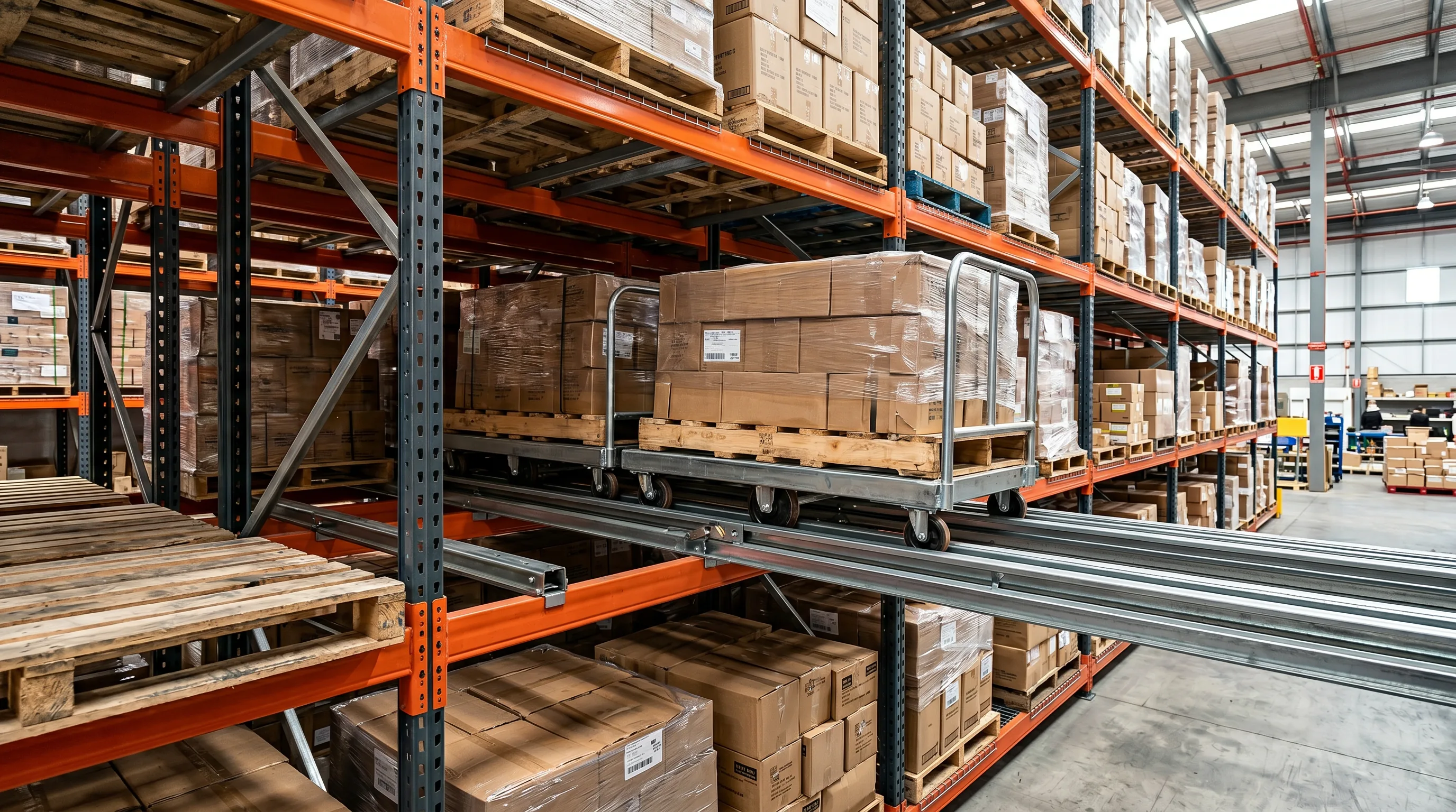 Pushback pallet rack system with nested carts and inclined rails in an Indianapolis Indiana warehouse