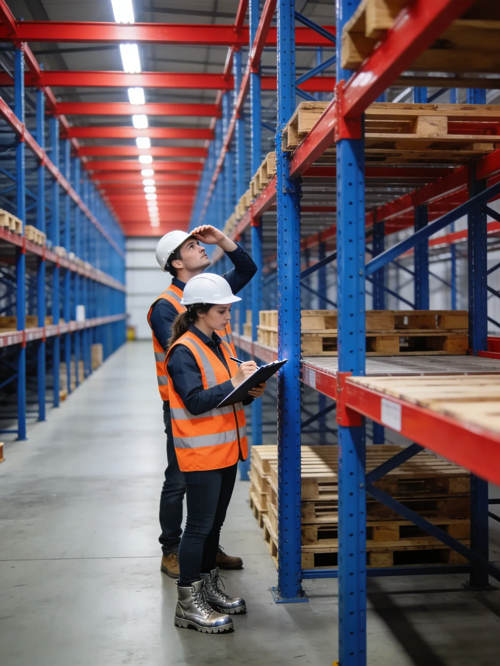 Warehouse rack inspection team identifying damage and safety hazards in Indianapolis