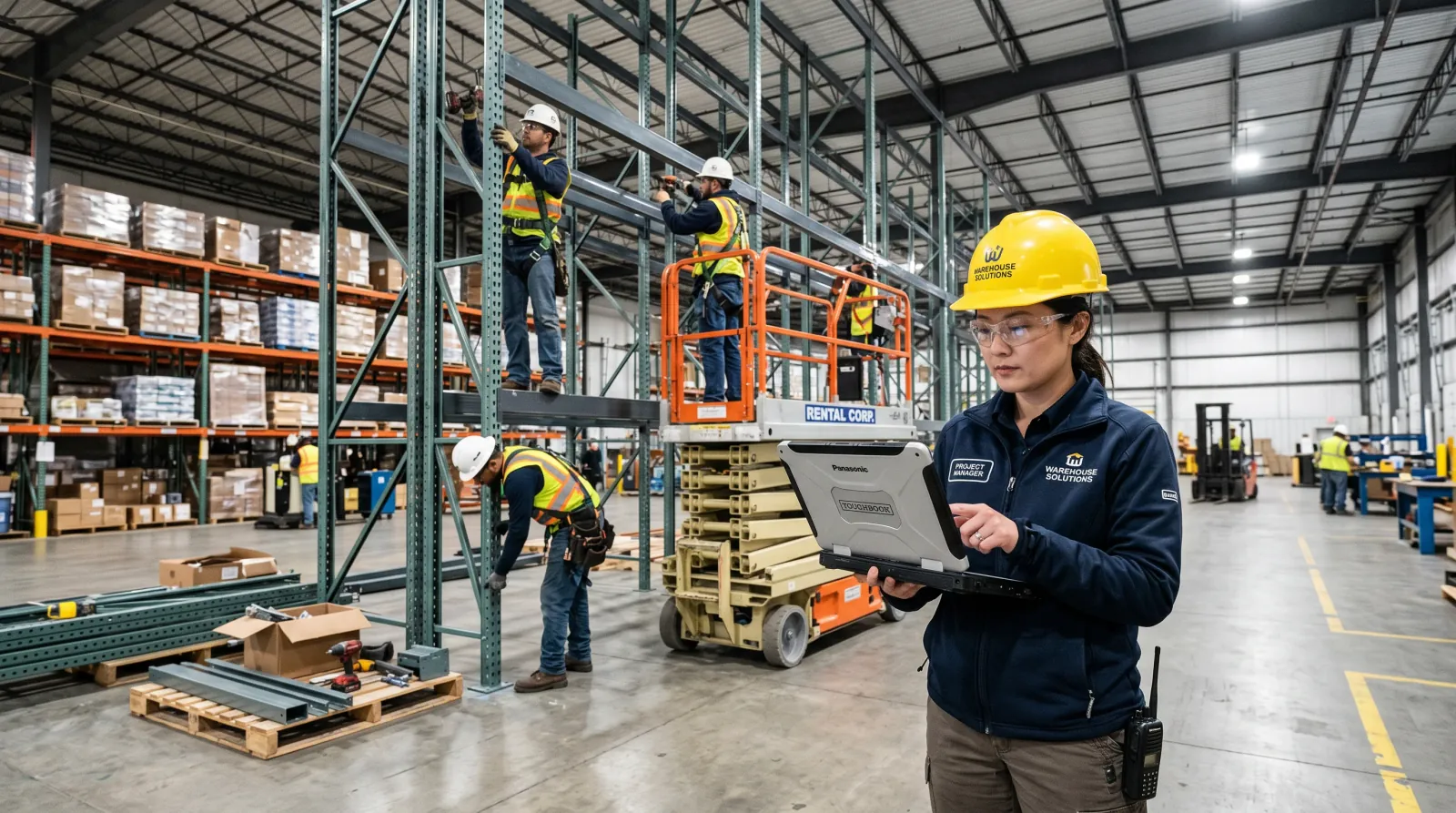 Project manager overseeing pallet racking installation in a Indianapolis, IN warehouse