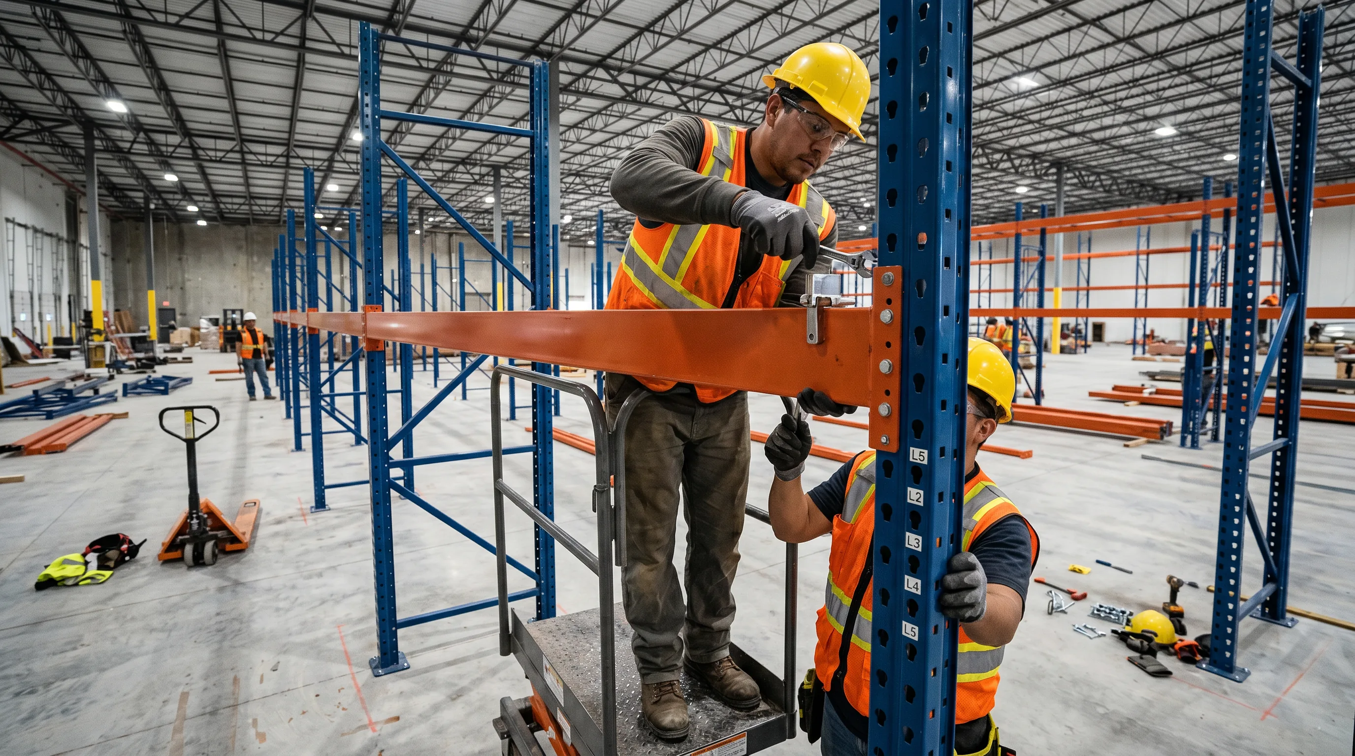 Pallet racking installation crew assembling selective rack system in a Indianapolis area warehouse