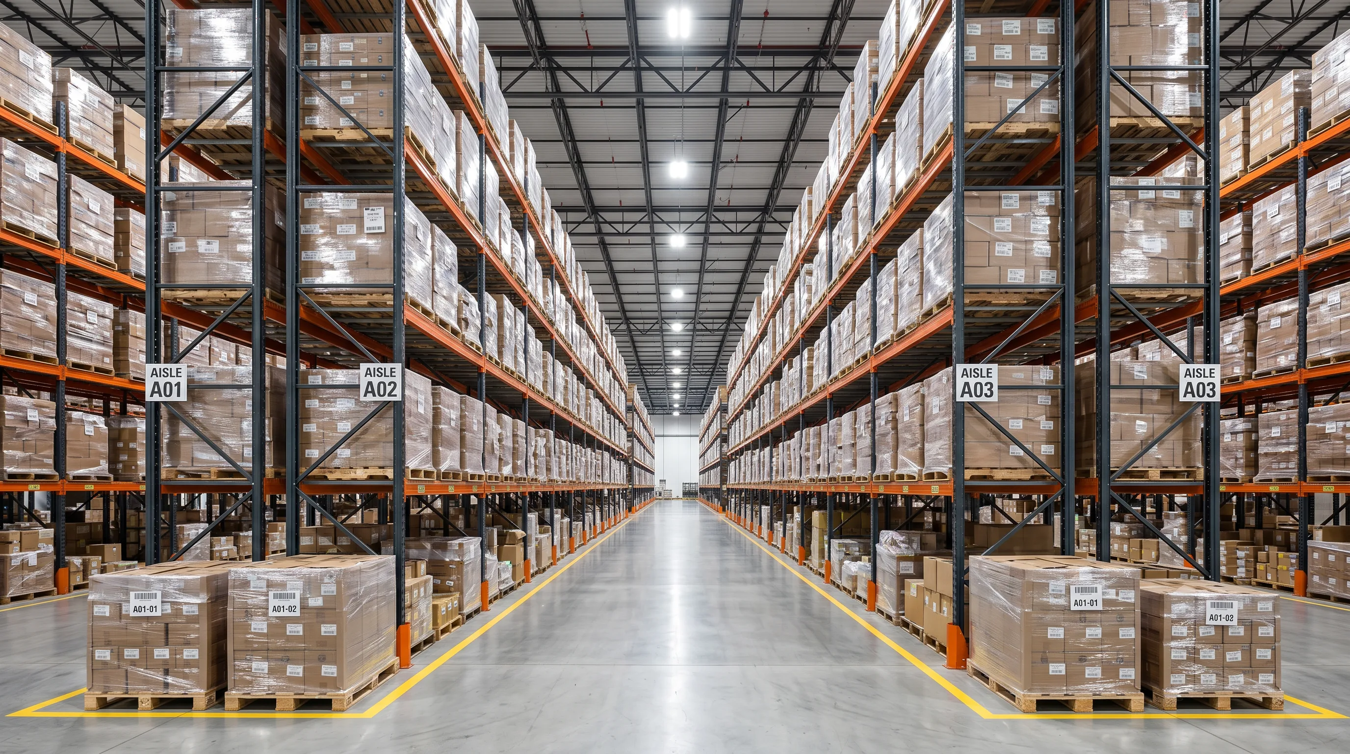Pallet racking warehouse with golden light in Indianapolis Indiana